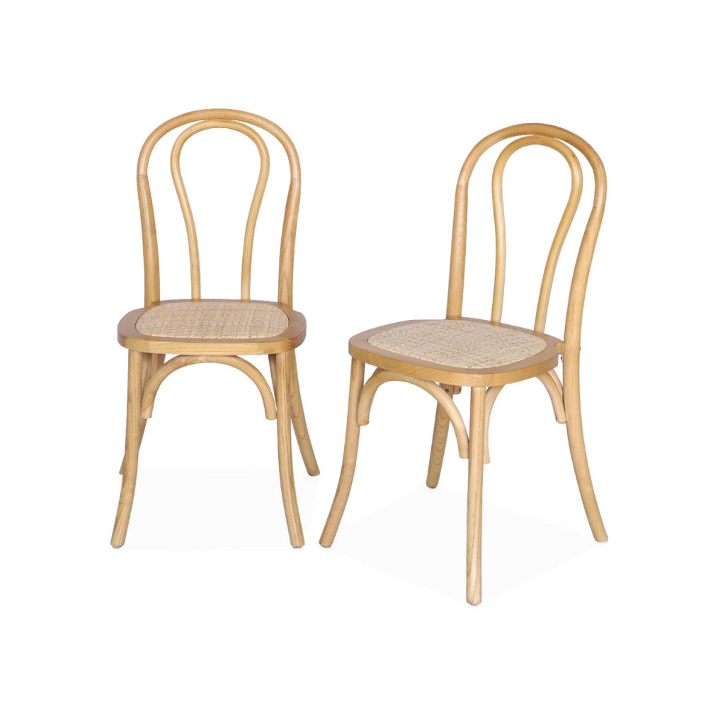 Set 2 sedie vintage in legno e rattan, marrone naturale