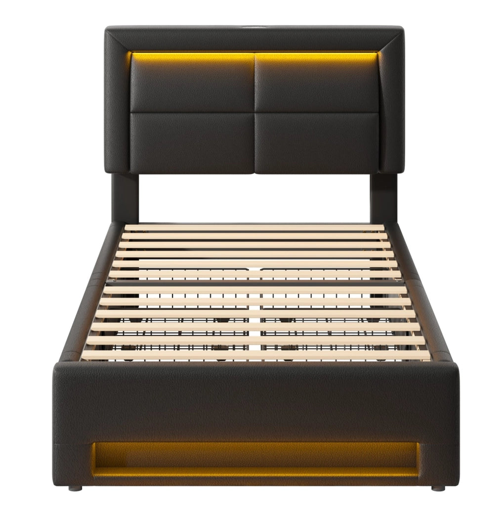 Letto imbottito 90x190 cm con USB; luce LED e 4 cassetti; in PU nero