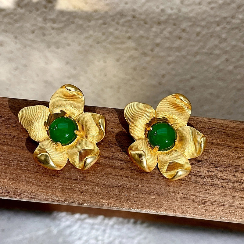 Orecchini a forma di fiore con ago in argento S925 e cristallo verde