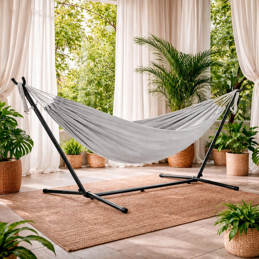 Amaca Brasiliana Con Supporto In Acciaio Altezza Regolabile Telo Cotone Da Esterno Per Giardino Balcone Piscina Grigio