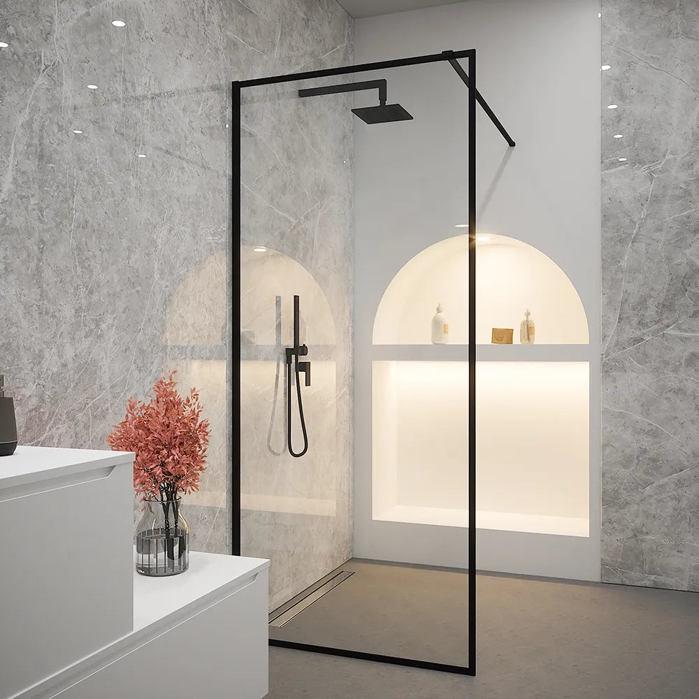 Doccia walk-in full frame 130 cm vetro trasparente profili neri | Rodi