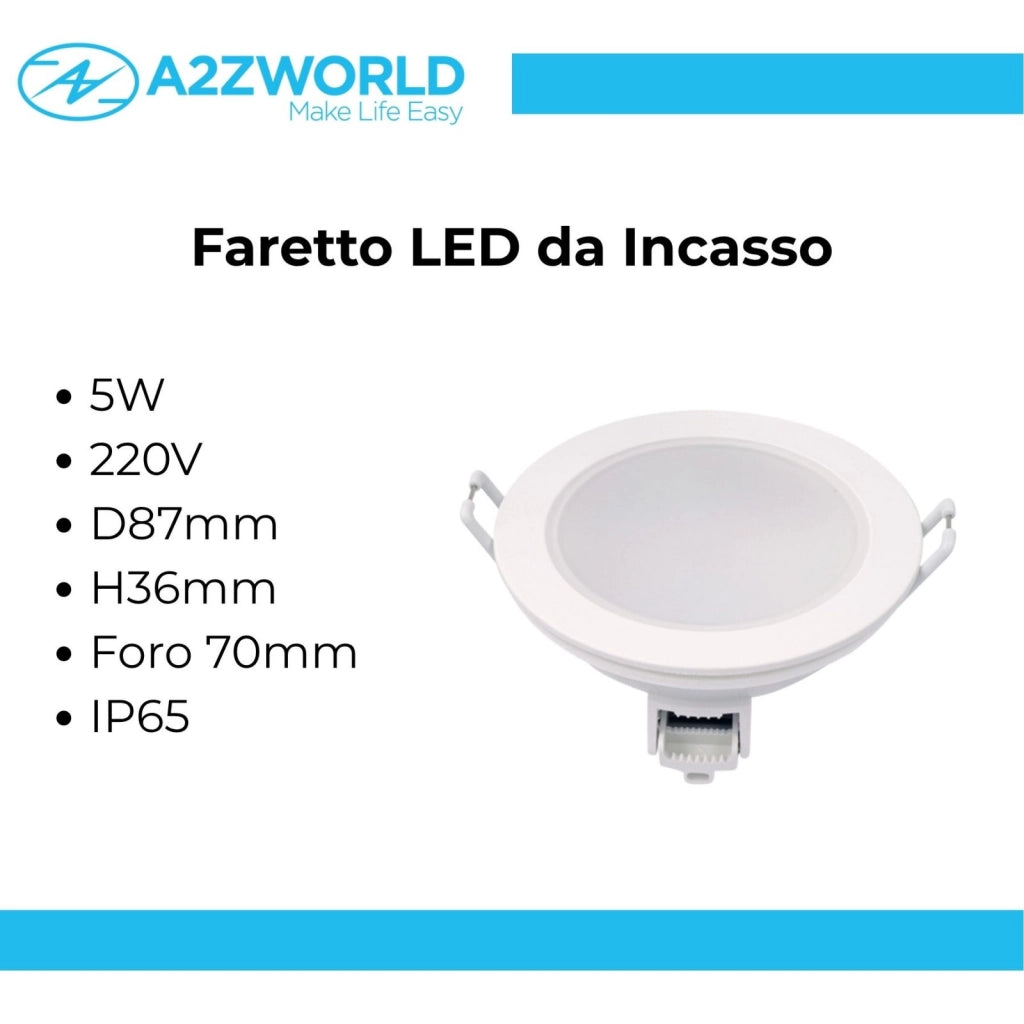 3 Faretti LED da Incasso Dimmerabili 5W 220V Rotondi Bianchi 3000K D87mm H36mm Foro 70mm IP65