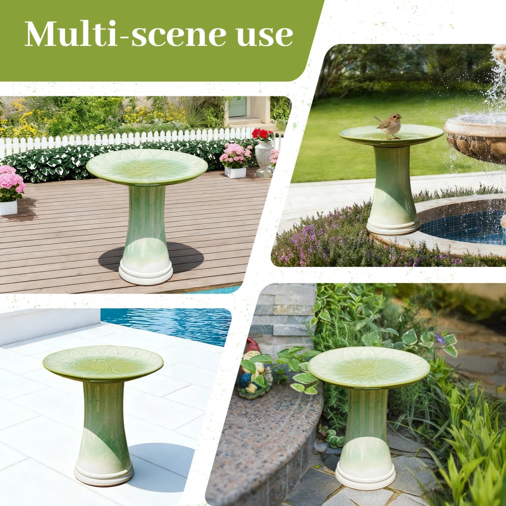 Fontana da giardino per uccelli con ciotola rialzata decorata a rilievo smaltata in ceramica verde Ø43 × 45 cm