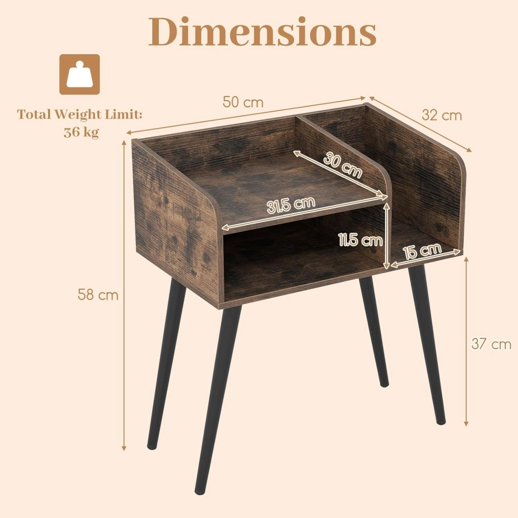 Set di 1/2 comodini per camera da letto, tavolino ausiliario con ripiani aperti, comodino con gambe in metallo, tavolo stretto per soggiorno, 50 x 32 x 58 cm (industriale x 2)