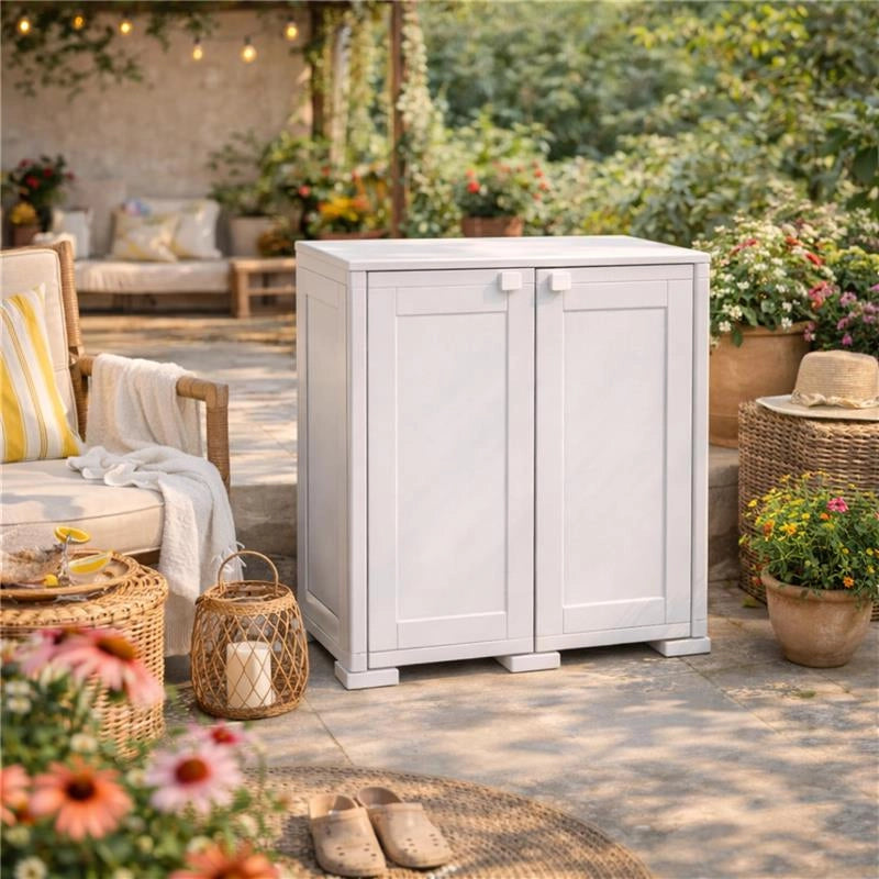 ARMADIO BASSO  79X43X85.5 CM 2 ANTE GRIGIO OMNIMODUS SIMPLEX – MOBILE CONTENITORE COMPATTO PER LAVANDERIA, GARAGE E BALCONE
