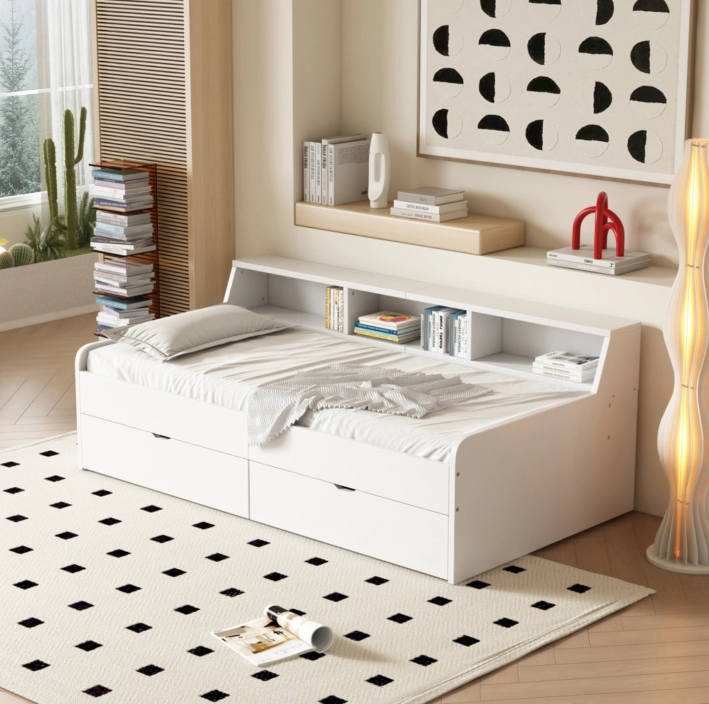 Letto da giorno 90x200 cm bianco con cassetti e vani laterali