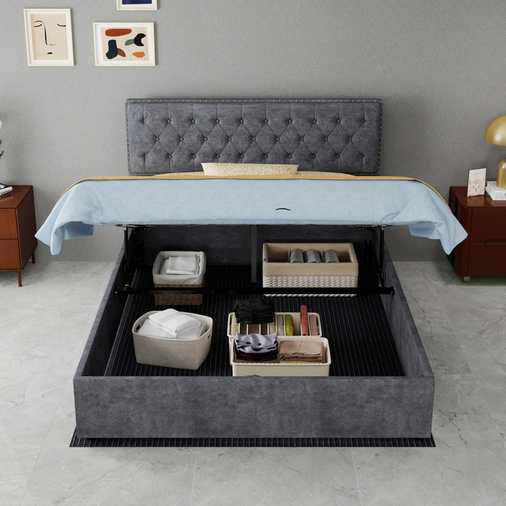 Letto imbottito moderno con testiera e vano a pistone, 140x200 cm, grigio