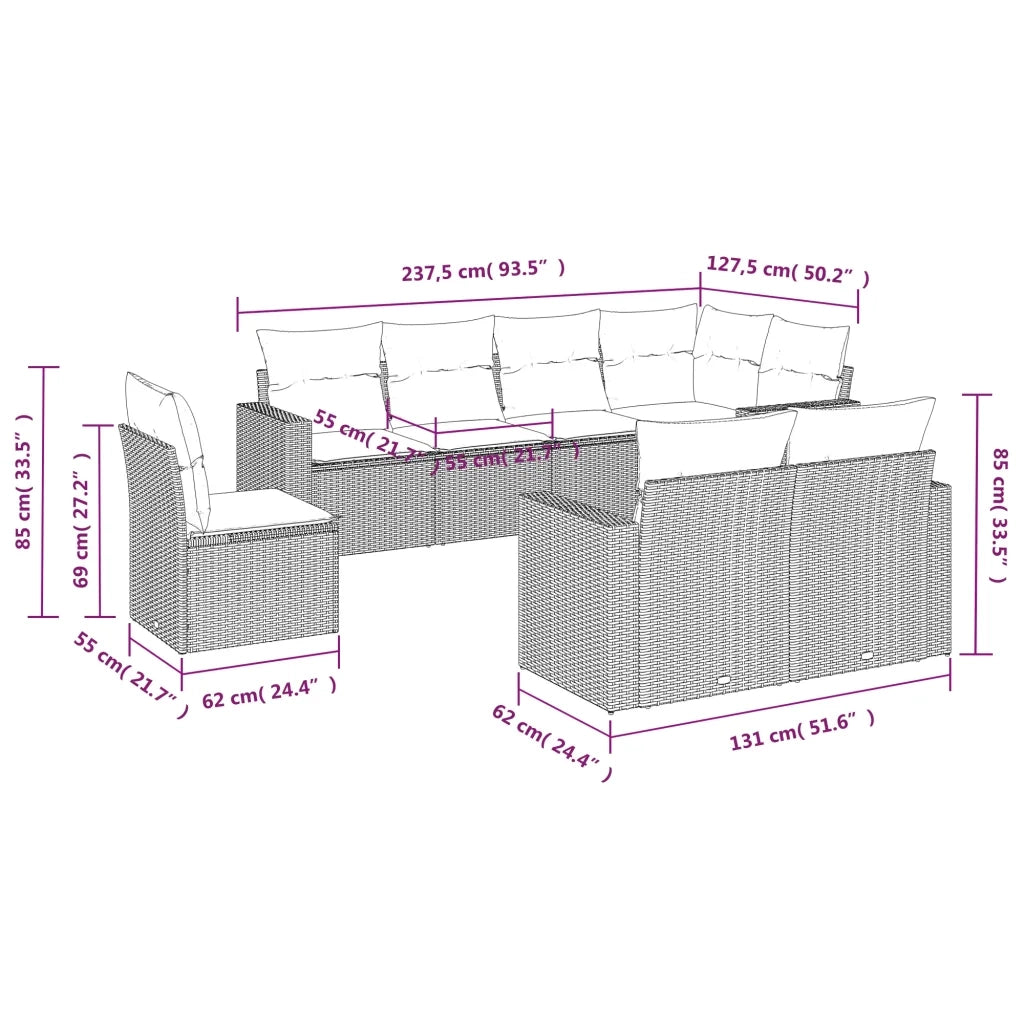 Set Divano da Giardino 8pz con Cuscini Grigio Chiaro Polyrattan