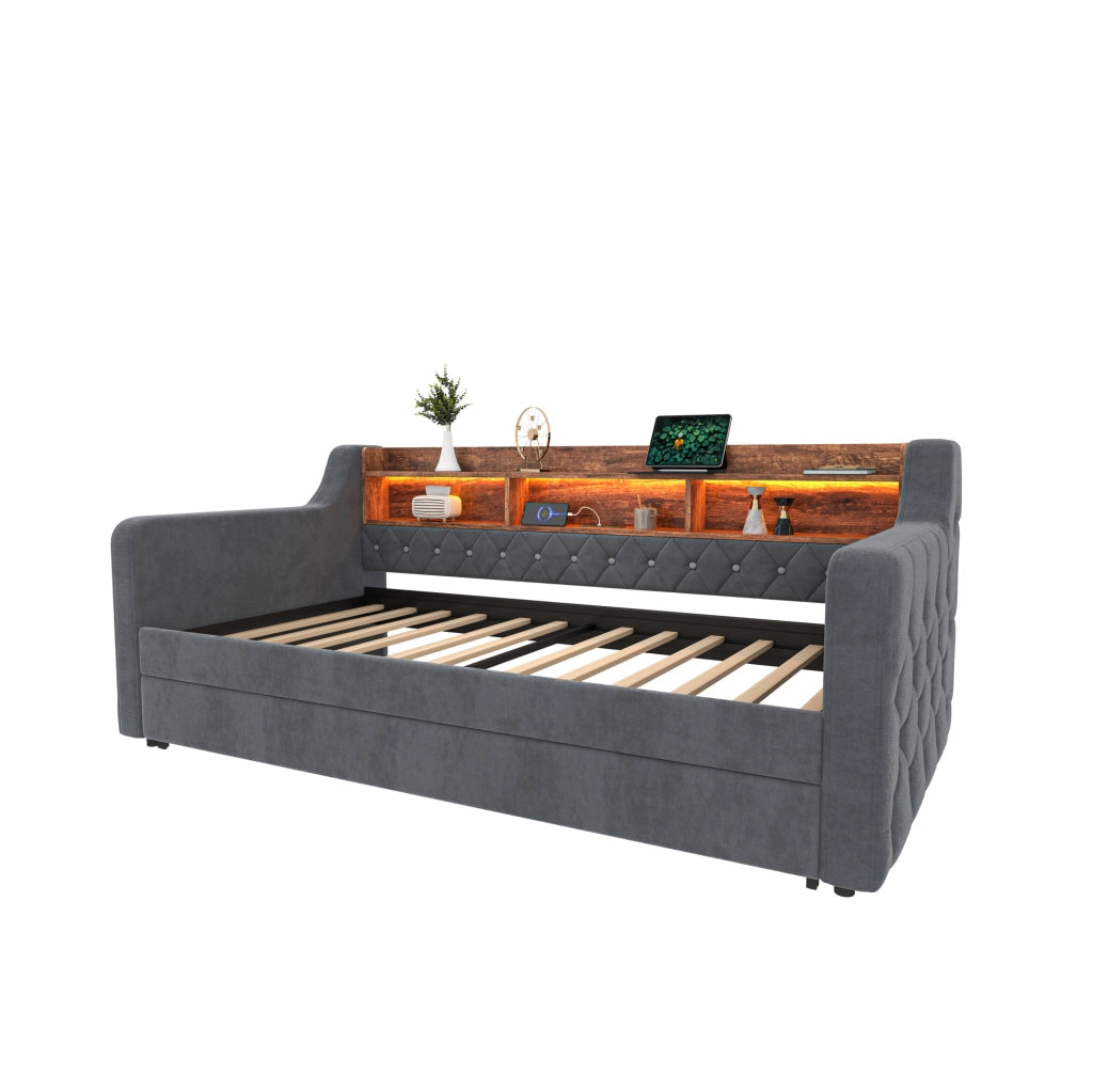Divano letto 90x190 cm estraibile con contenitore in velluto grigio scuro