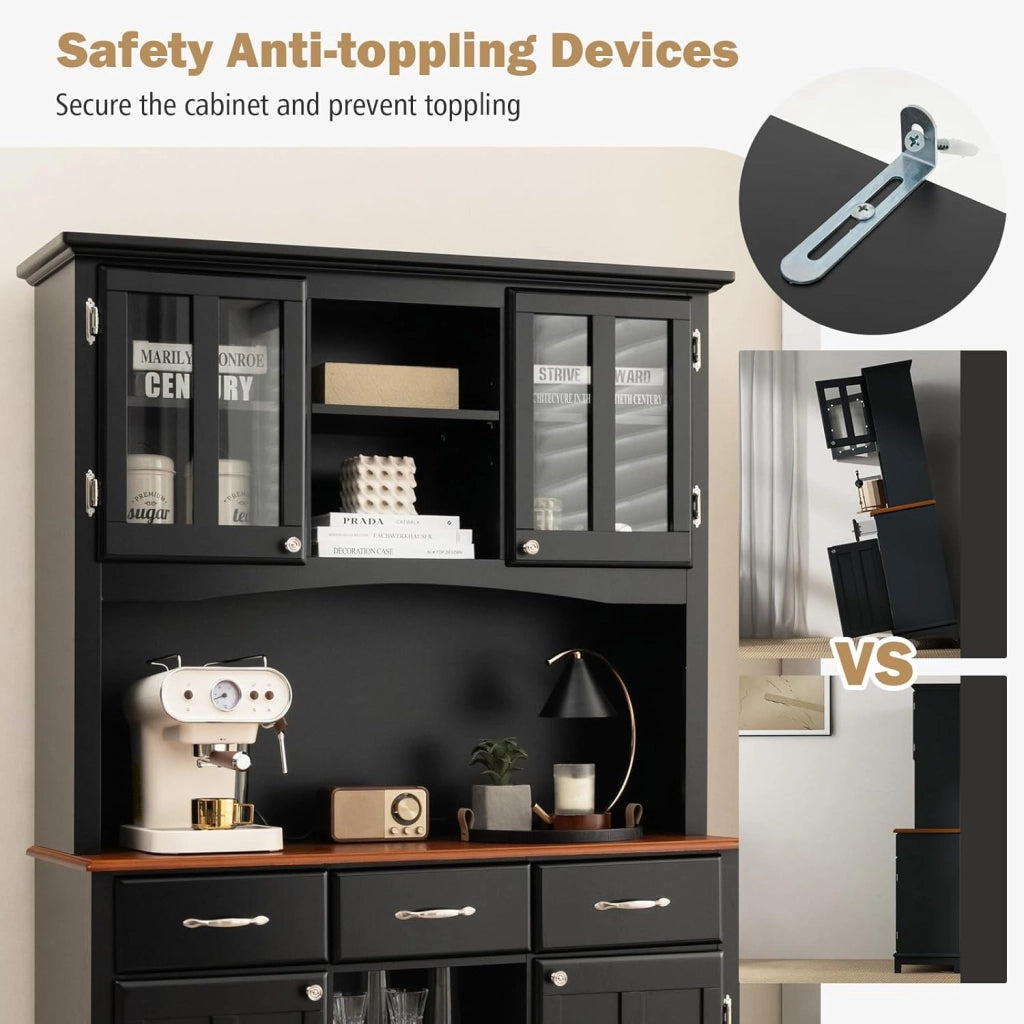 Credenza Alta da Cucina, Armadietto Dispensa con 3 Cassetti e 4 Armadi a Ante e Portabottiglie per 9 Bottiglie, Mobile Buffet per Soggiorno, Sala da Pranzo, 112 x 43 x 184,5 cm (Nero)