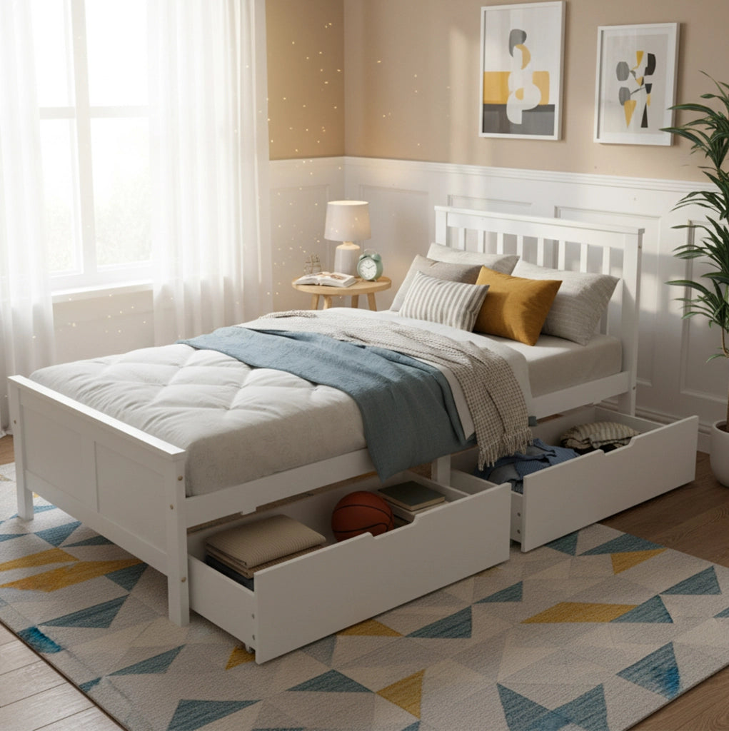 Letto singolo bianco con cassetti e struttura in legno massiccio