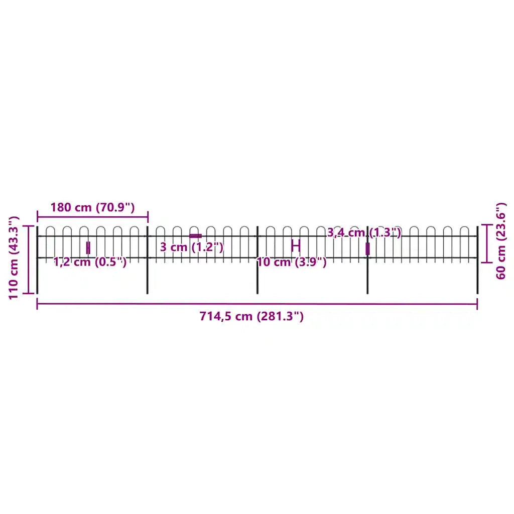 Recinzione da Giardino con Punta Tonda in Acciaio 6,8x0,6m Nera