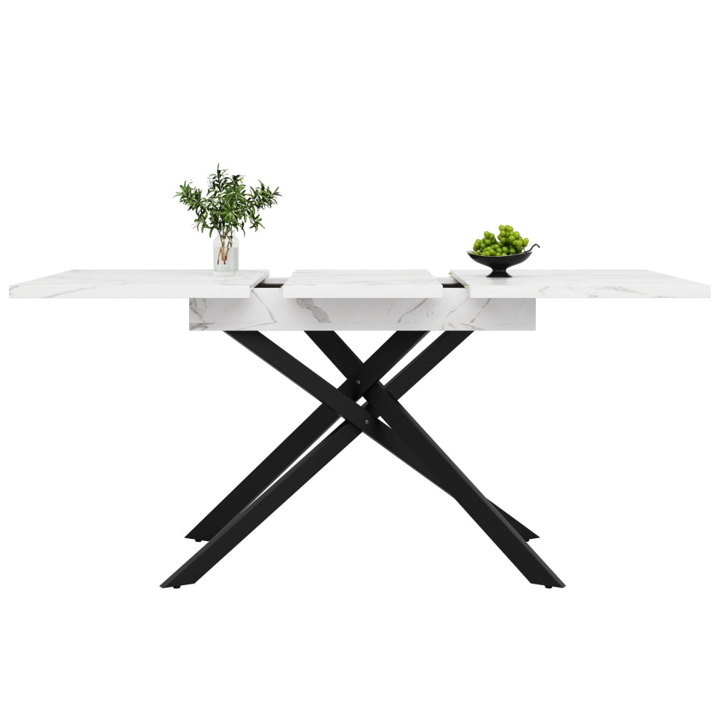 Tavolo da pranzo allungabile 120-160x80x76.5 cm; MDF effetto marmo; gambe in metallo nere