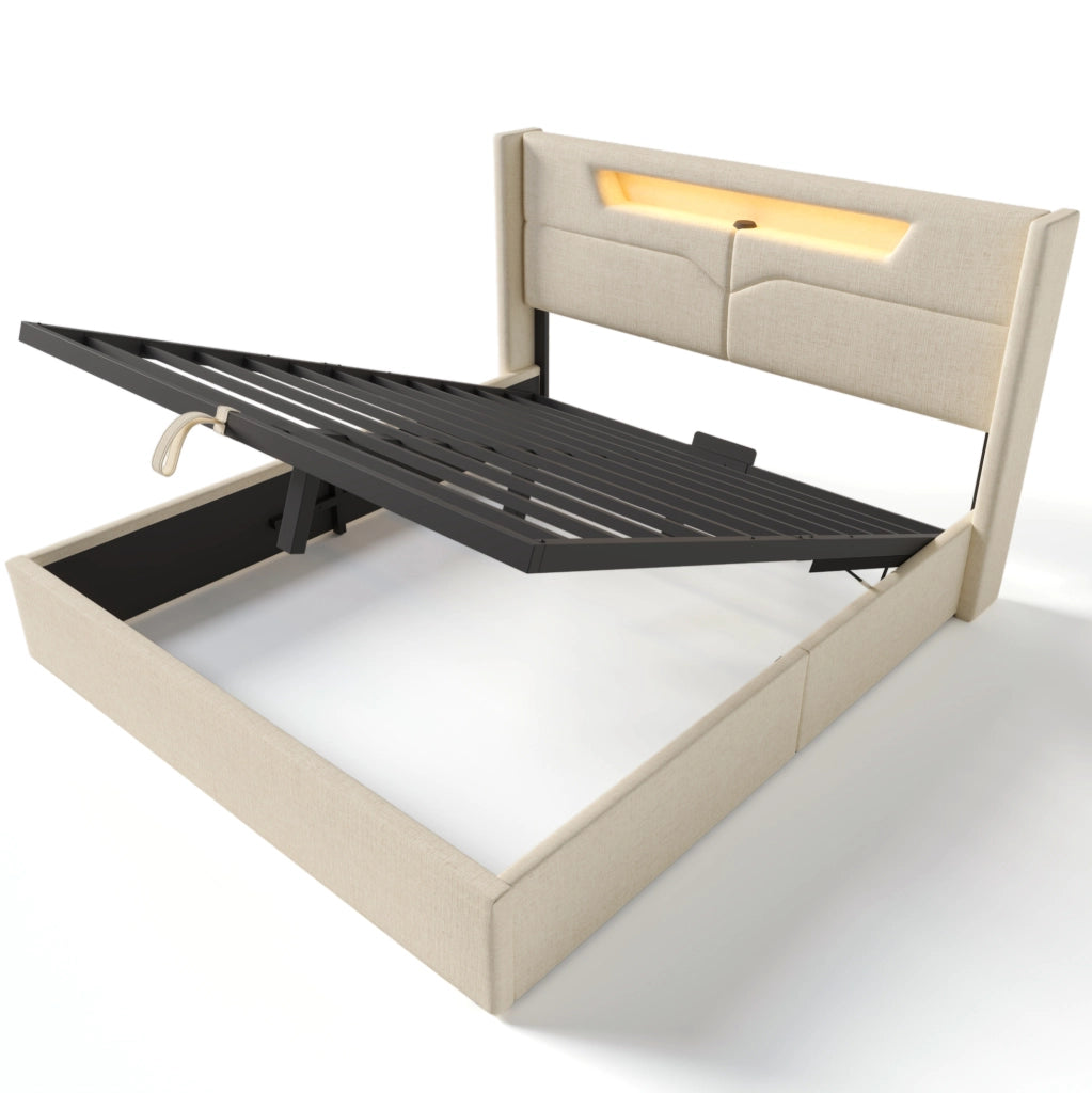 Letto imbottito 160x200 cm con contenitore; LED e USB Type C in lino beige