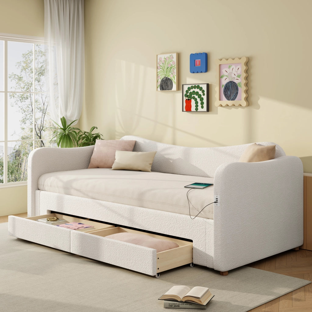 Divano letto con letto estraibile e cassetti, 90x200 cm, bouclé beige