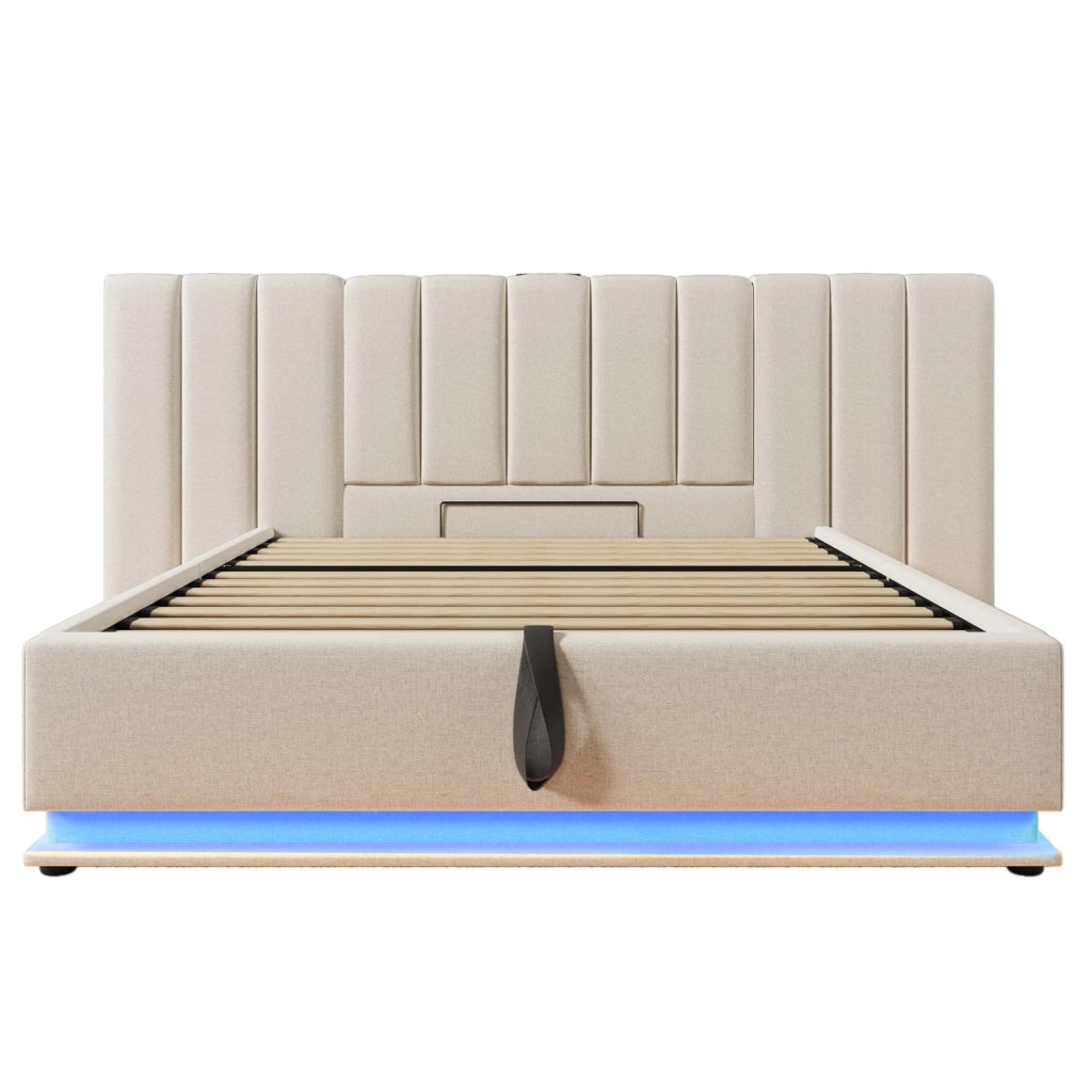 Letti contenitori 160x200 cm; LED 360° e ricarica USB-C; lino; beige (Senza materasso)