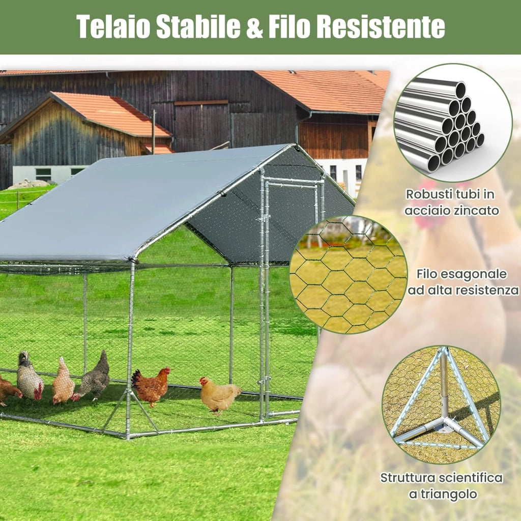 Pollaio per Galline da Esterno 3 x 6 x 1,95 M, Gabbia da Esterno Grande in Acciaio Zincato con Serratura e Tetto Impermeabile e Resistente al Sole, Recinto per Galline e Conigli