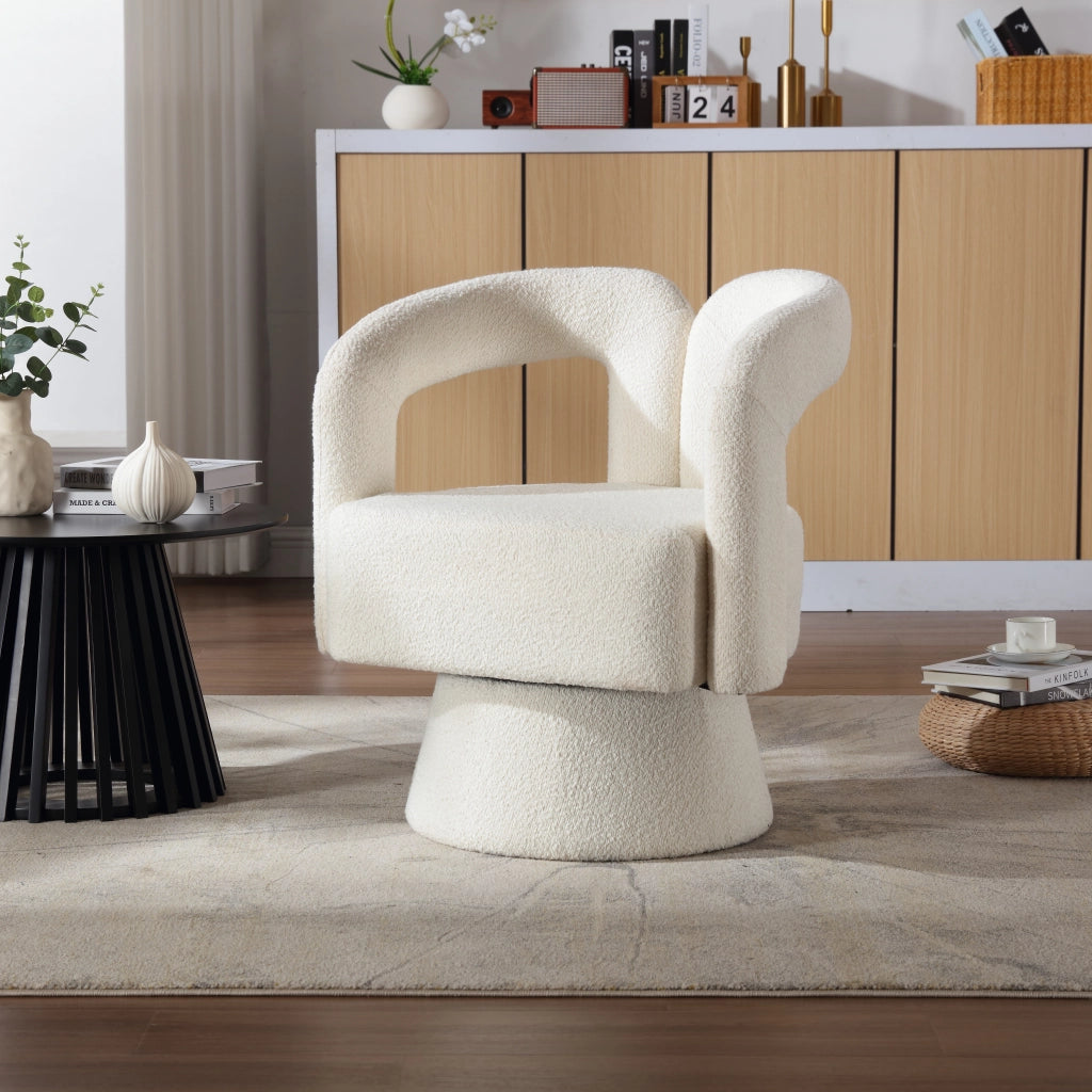 Sedia girevole 360° in Bouclé beige con seduta imbottita e base in metallo