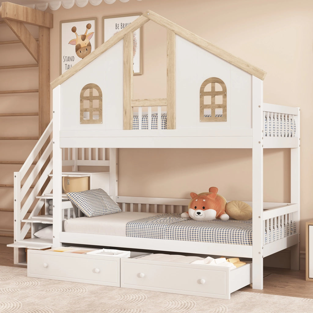 Letto a Castello 90x200 cm; Letto 2 Posti - Finestre; 2 Cassetti; Scala - in Legno Massello e MDF - Bianco e Naturale
