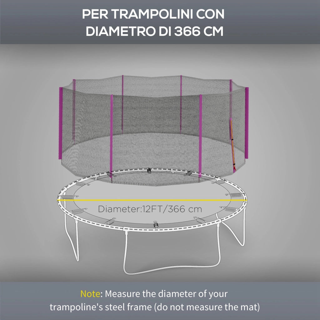 Rete di Protezione per Trampolini a 8 Pali con Ingresso con Cerniera, in PE, ?366x180 cm, Nero e Rosa