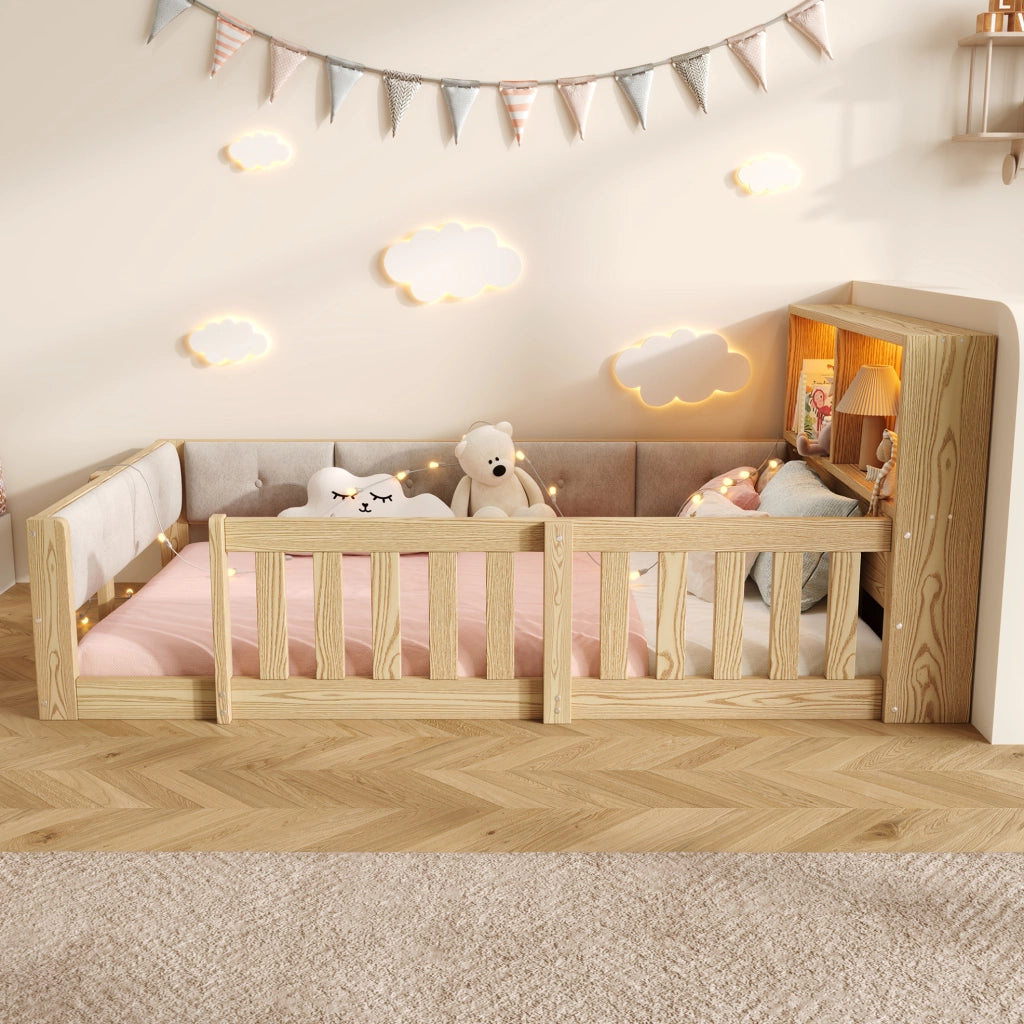 Letto per bambini 90 x 200 cm con sponde, LED e vano contenitore
