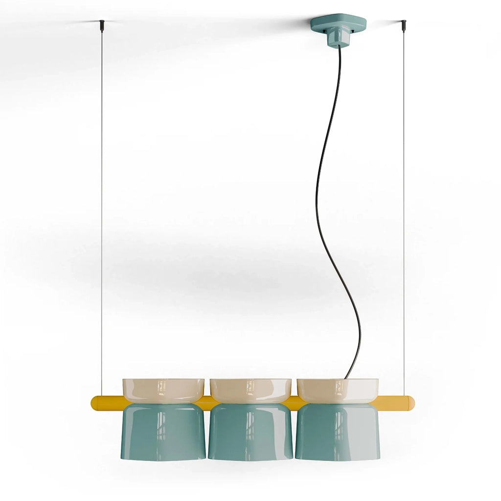 Lampadario Decò Yakitori Ceramica Crema Azzurro Metallo Giallo 3 Luci E27