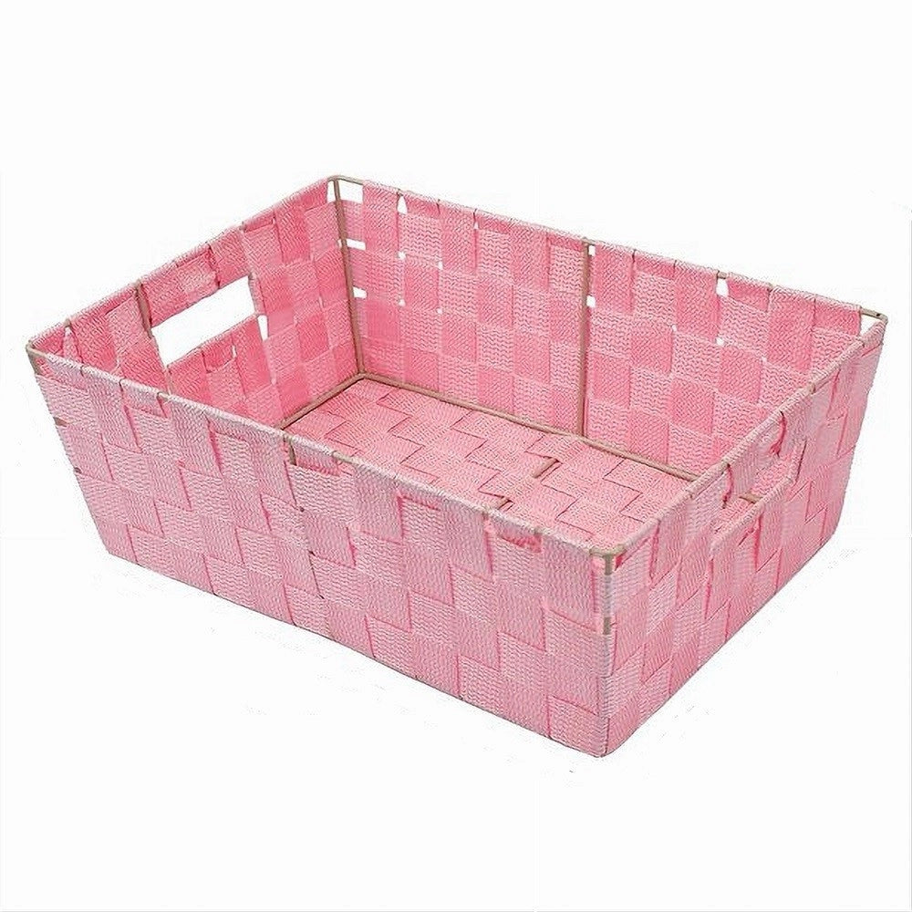 Trade Shop - Porta Oggetti Cesto In Tessuto Intrecciato Rosa 38x26x13 Cm Con Maniglie 79035 -
