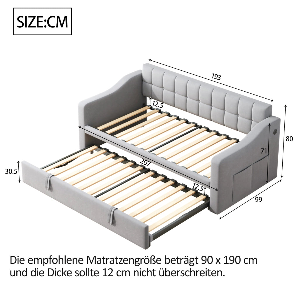 Letto imbottito estraibile 90x190 cm in velluto grigio chiaro con porte USB