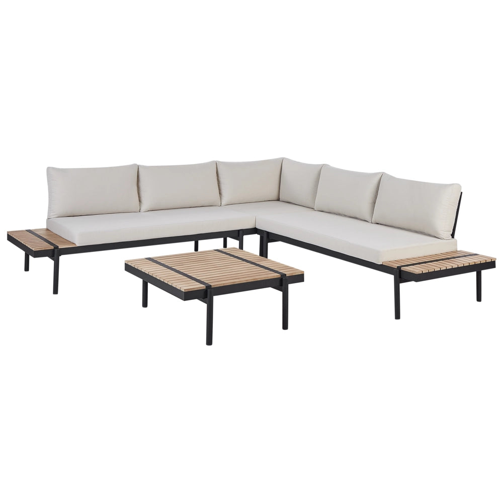 Set di divani angolari da giardino a 5 posti Tavolino in legno di eucalipto Cuscini bianchi con Tavolino
