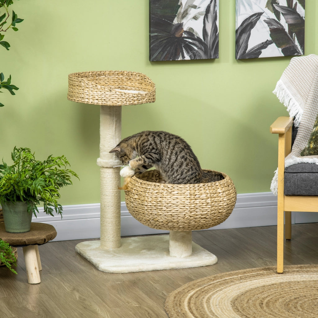 Tiragraffi per gatti a 2 livelli con palla sospesa ¨C zephmum ¨C grigio, sisal, 72x40x40 cm
