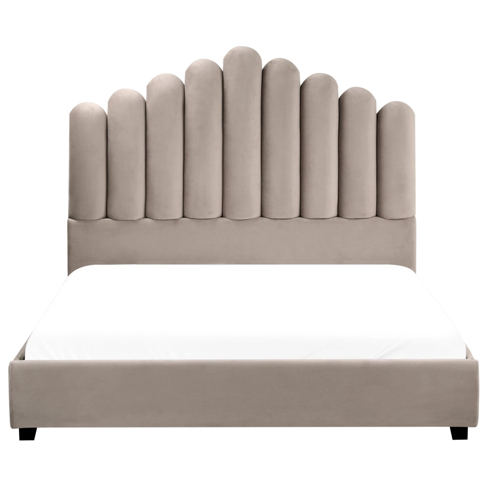 Letto matrimoniale velluto tortora 140 x 200 cm testata alta a conchiglia stile retrò