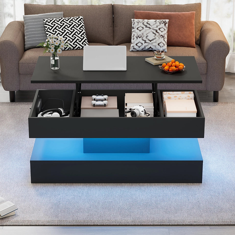 TAVOLINO da caffè alzabile 100x50x42 cm con LED e prese UE nero in truciolare