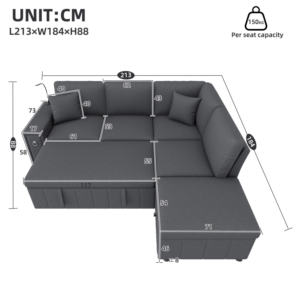 Divano angolare modulare 5 posti con letto estraibile; pouf contenitore; USB e Type-C; grigio