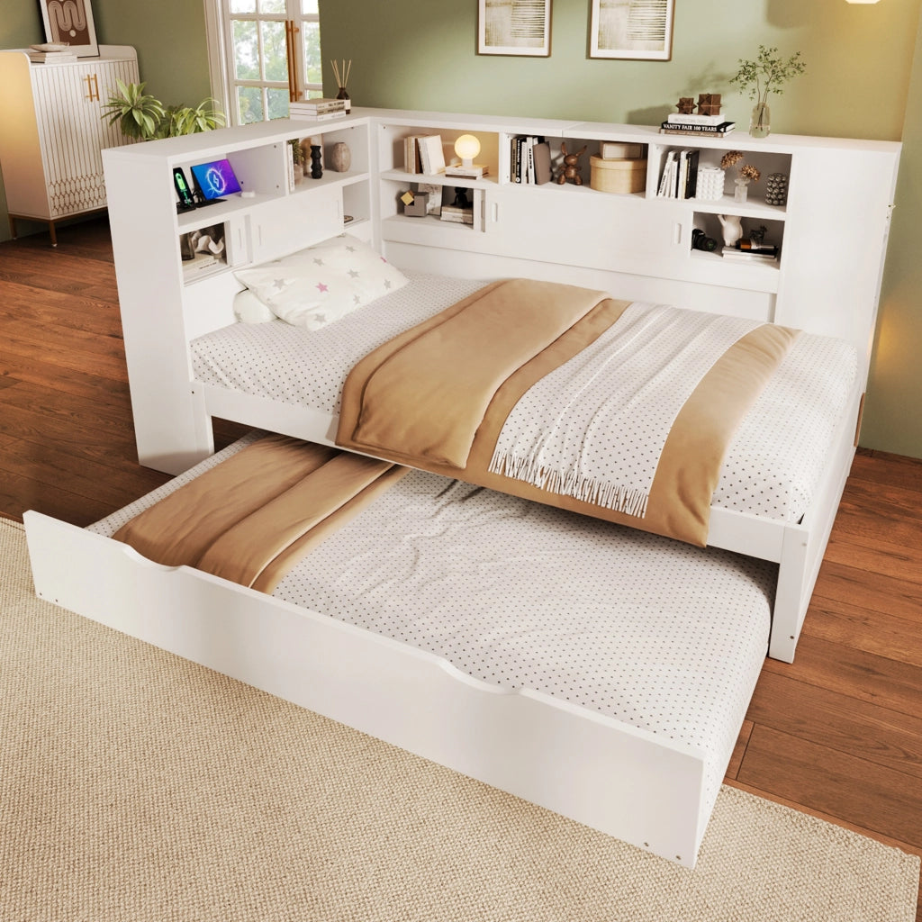 Letto singolo 90 × 200 cm con letto estraibile, contenitore con USB, senza materasso, bianco