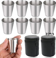 Set di bicchieri da 30ml con contenitore in acciaio inossidabile, 8 pezzi, con fodera in pelle, per campeggio, picnic e escursioni