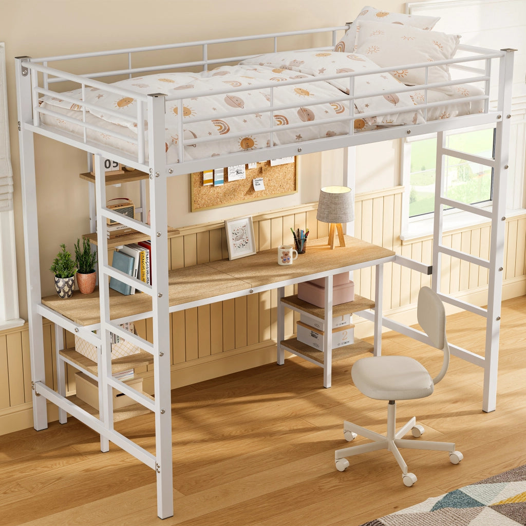 Letto a castello con tavolo e scaffali in ferro e MDF bianco 90x200 cm