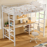 Letto a castello con tavolo e scaffali in ferro e MDF bianco 90x200 cm