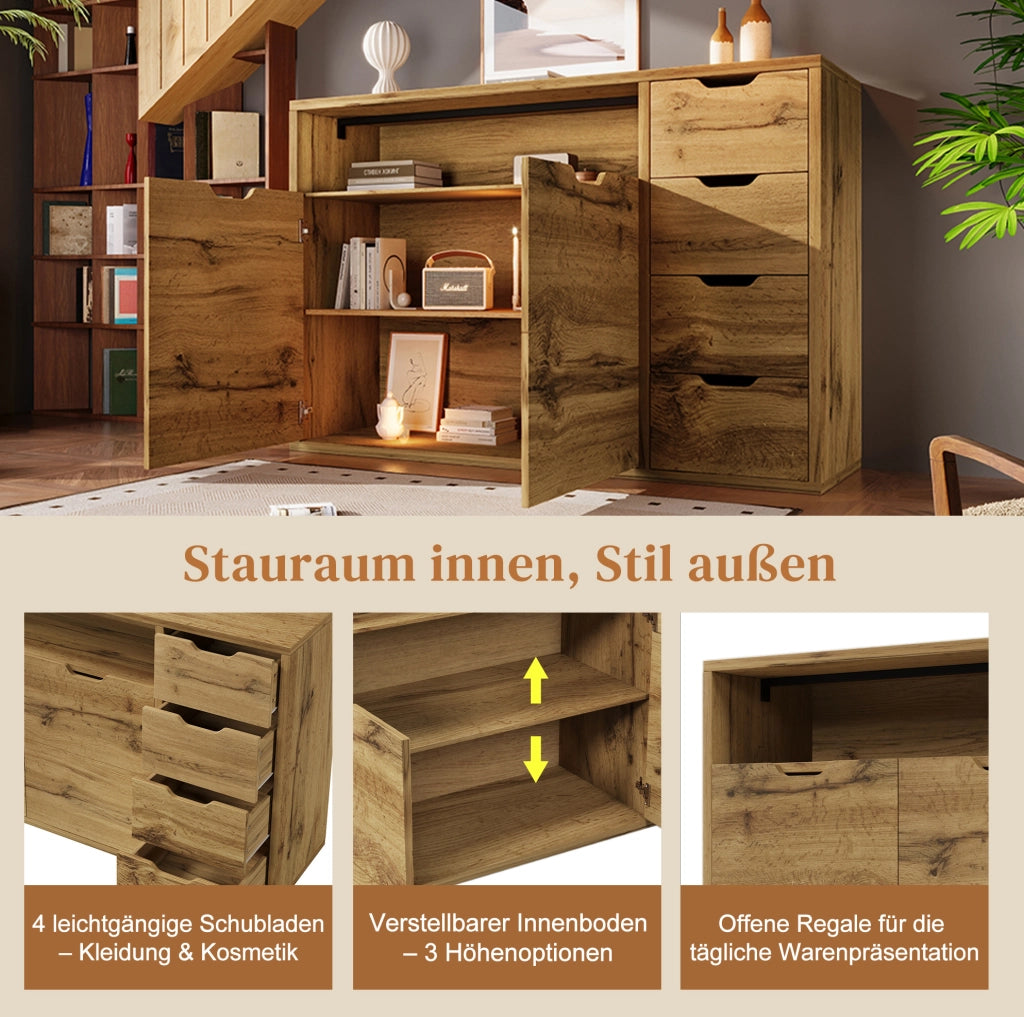 Credenza in MDF effetto rovere con 4 cassetti e 2 ante