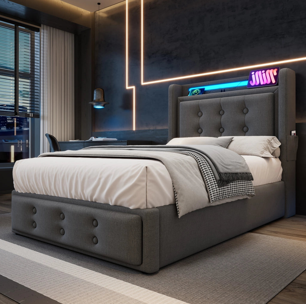 Letto singolo 90x200 cm imbottito in cotone e lino con LED; USB e contenitore; grigio