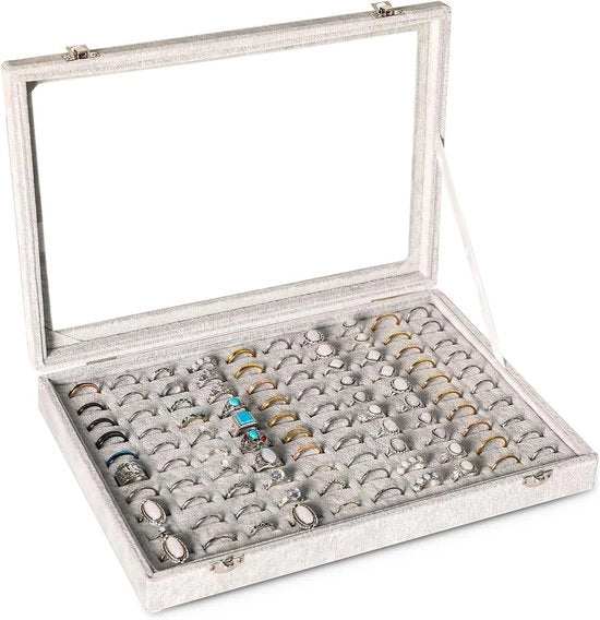 Organizzatore di gioielli con 100 tasche per anelli e coperchio (grigio, velluto)