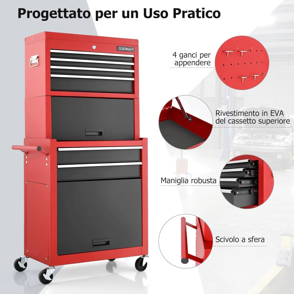 Cassettiera Portautensili a 6 Cassetti, Carrello per Attrezzi con Ruote Bloccabili, con Ripiano rimovibile e Serratura, 61,5 x 33 x 132 cm (Nero+Rosso)