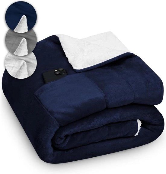 150x200 cm deken Sherpa blu con tas per telefono e portachiavi - deken per inverno
