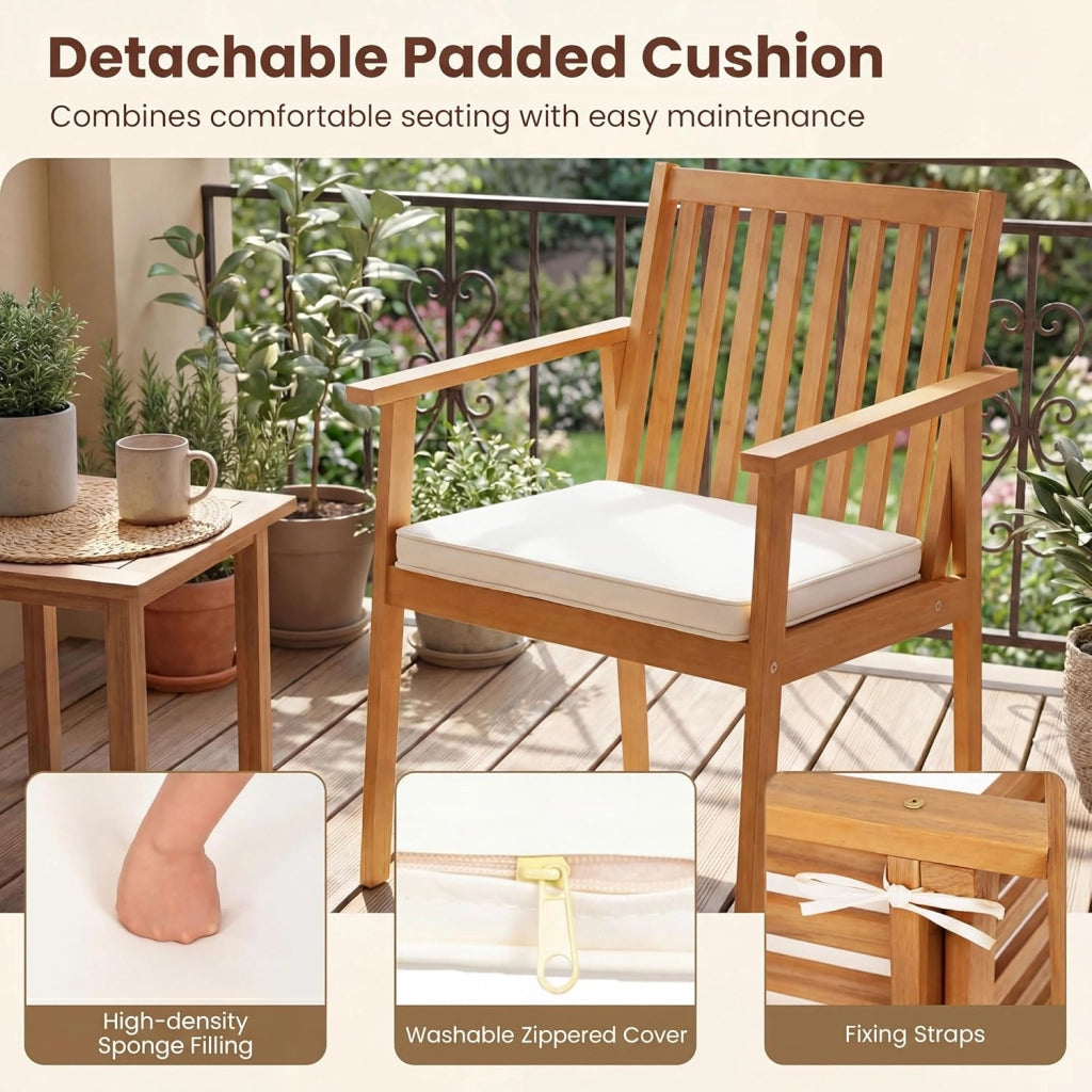 Set di 2 Sedie da Giardino Ergonomiche con Cuscino Rimovibile, Sedie da Pranzo con Braccioli, Poltrona in Legno di Acacia da Terrazza, Balcone, Cortile, Portata 180kg (Giallo Teak)