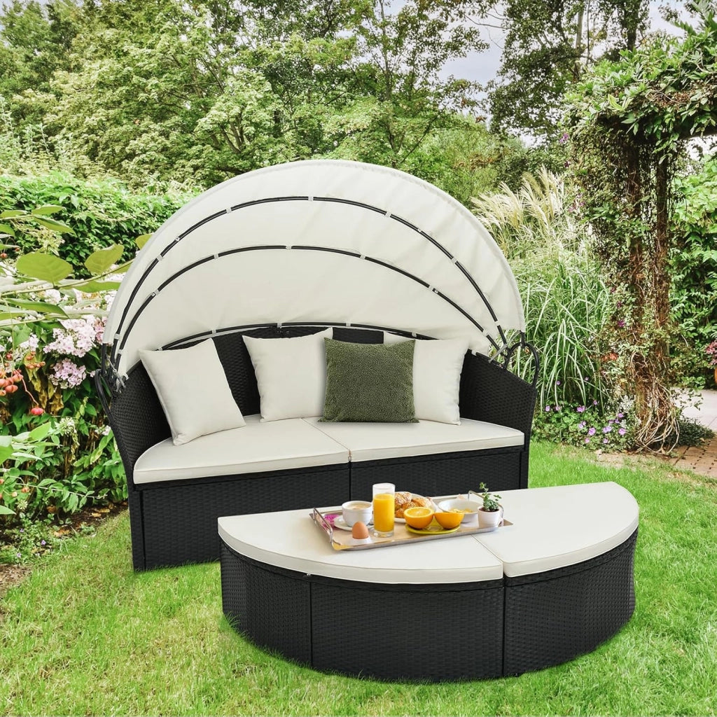 Set Giardino da Esterno in Rattan PE, Divano Rotondo in 4 Pezzi con Cuscini, Lounge Letto Matrimoniale con Tettuccio Parasole, Lettino Prendisole Max 360kg per Piscina e Cortile, 168x180x157