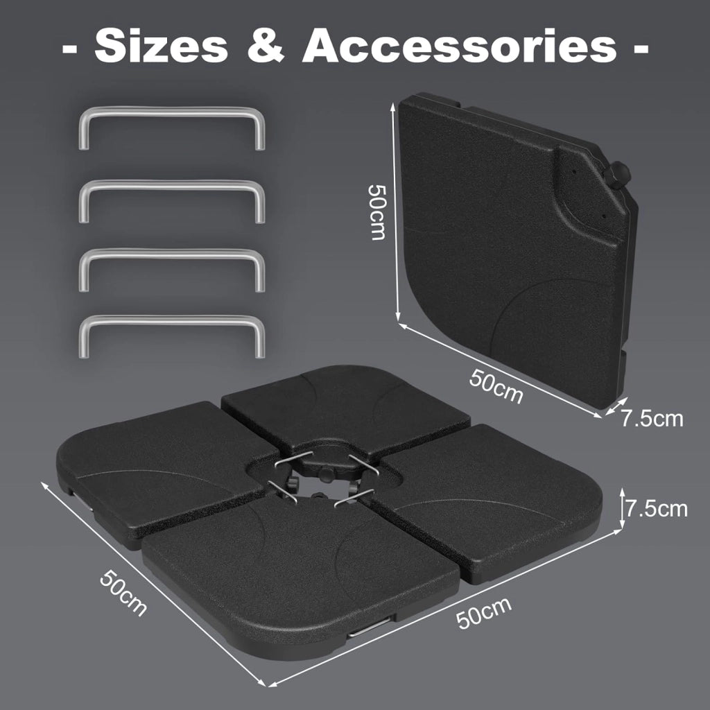 Base per Ombrellone, Supporto per Ombrellone in 4 Parti, a Croce a Terra, 60 L/80 kg, Riempibile con Acqua o Sabbia, con Connettori in Metallo, in Plastica, Quadrato, Nero