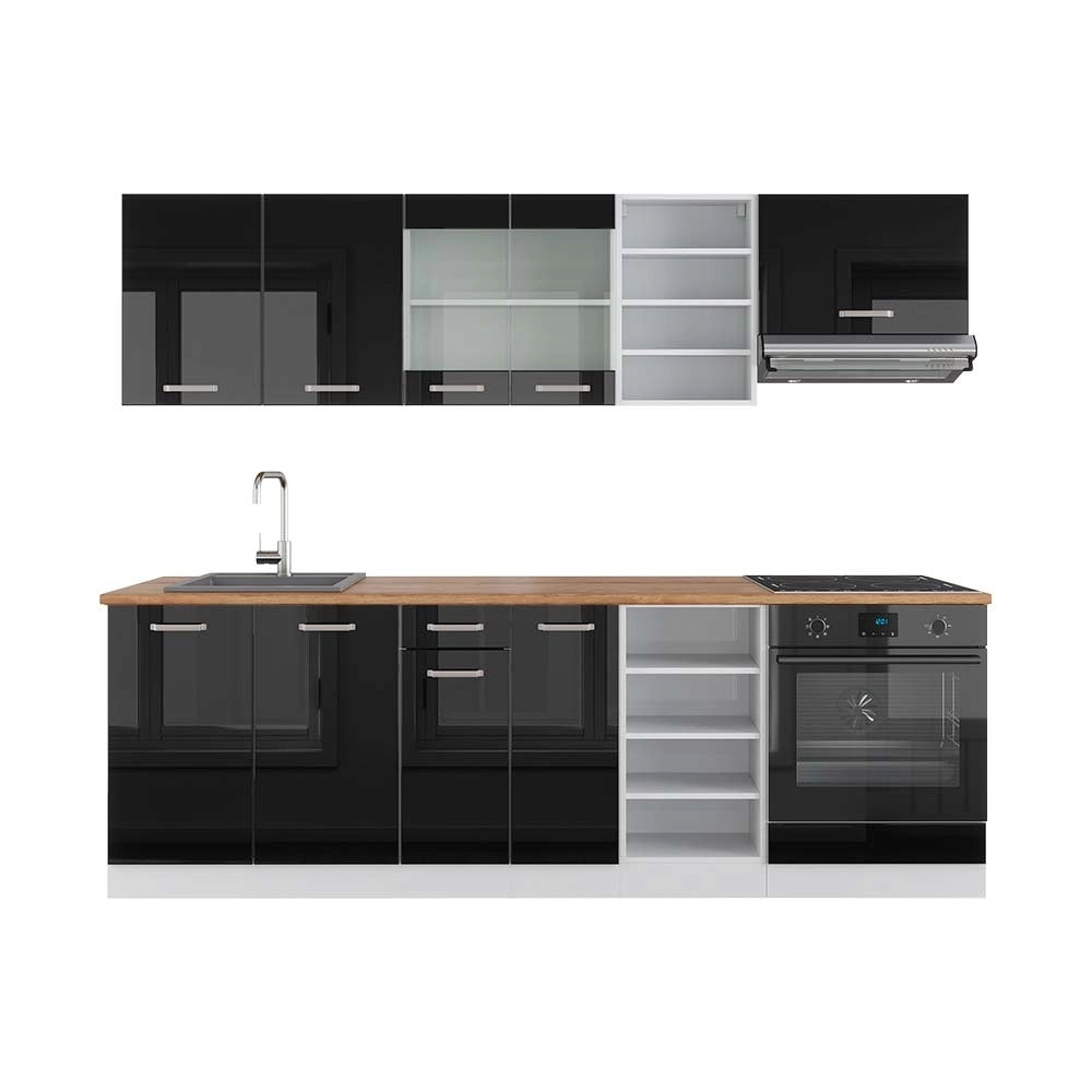 Cucina componibile R-Line Nero lucido/Bianco 240 cm, PL Rovere Vicco