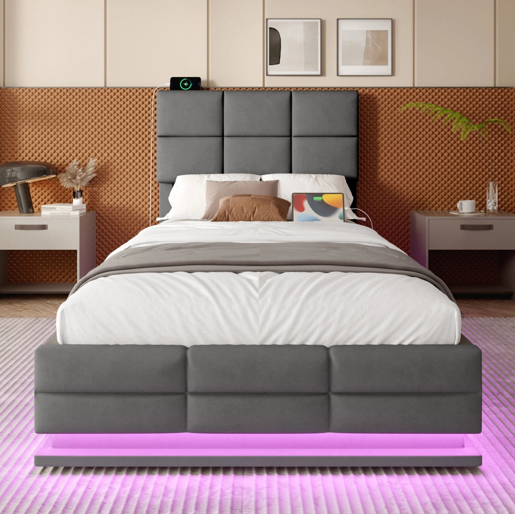 Letto 90x200 cm con testiera regolabile; LED; USB e contenitore in velluto grigio scuro