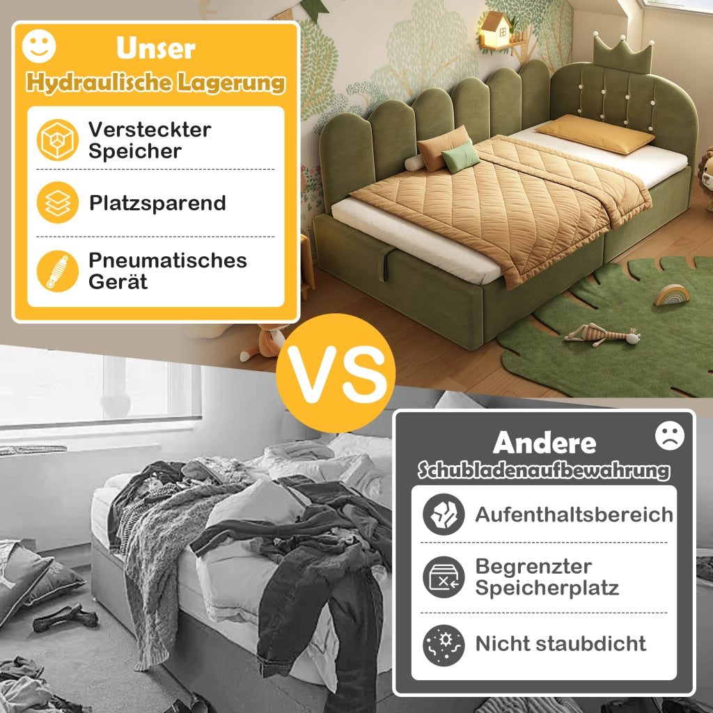 Divano letto contenitore 90 × 200 cm con sollevamento idraulico, senza materasso, in velluto verde