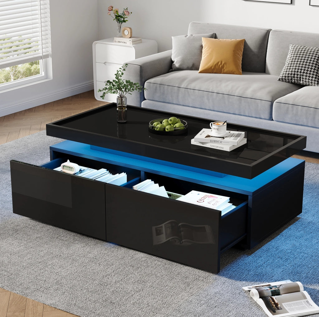Tavolino da caffè LED nero lucido con 2 cassetti 95x45x35 cm
