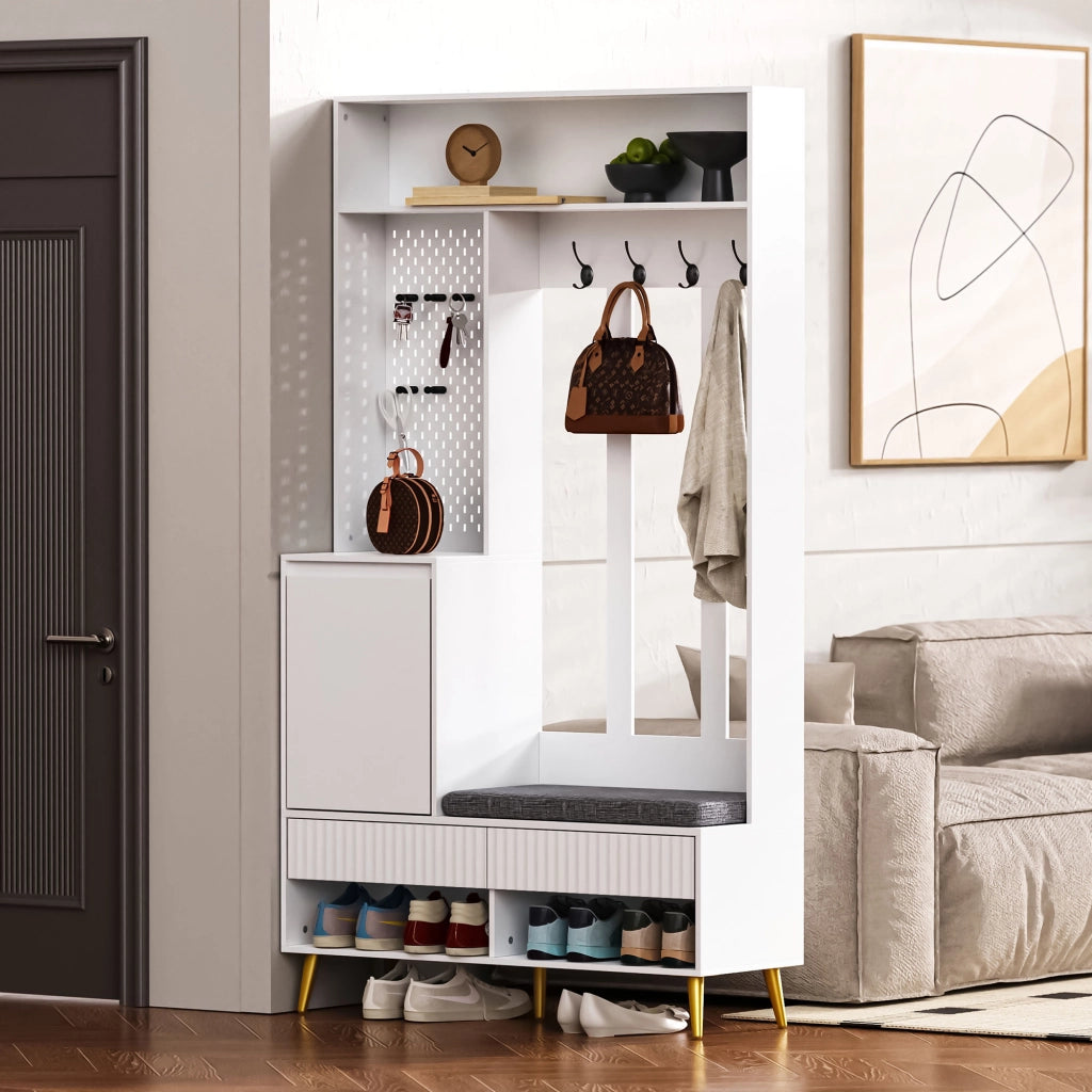 OKWISH Mobile da Ingresso con 1 Anta, 2 Cassetti, Vani Aperti, 4 Ganci e Panchina, per Ingresso, MDF, Bianco, 100×35×180 cm